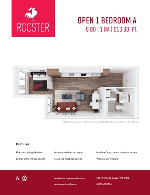 Floor plan for 1 bed, 1 bath, 510 sqft